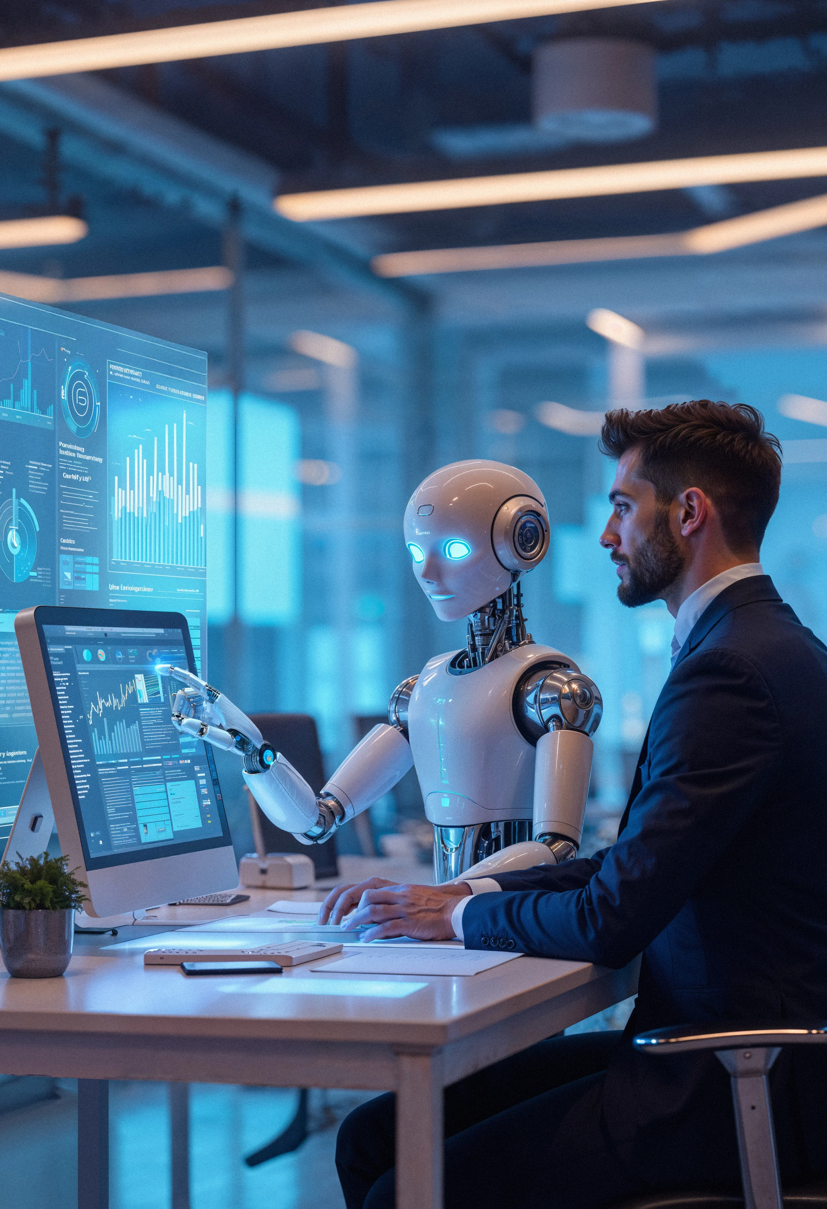 AI analyzing business data with a professional on the Mockinto interview dashboard.